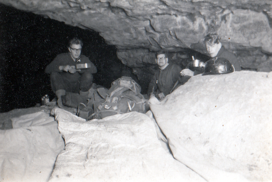 From Left to Right: Frank Shuttleworth, Malcolm (Tiger) Culshaw, and Philip Wallace. Camping in the entrance to Ingleborough Cave 1956